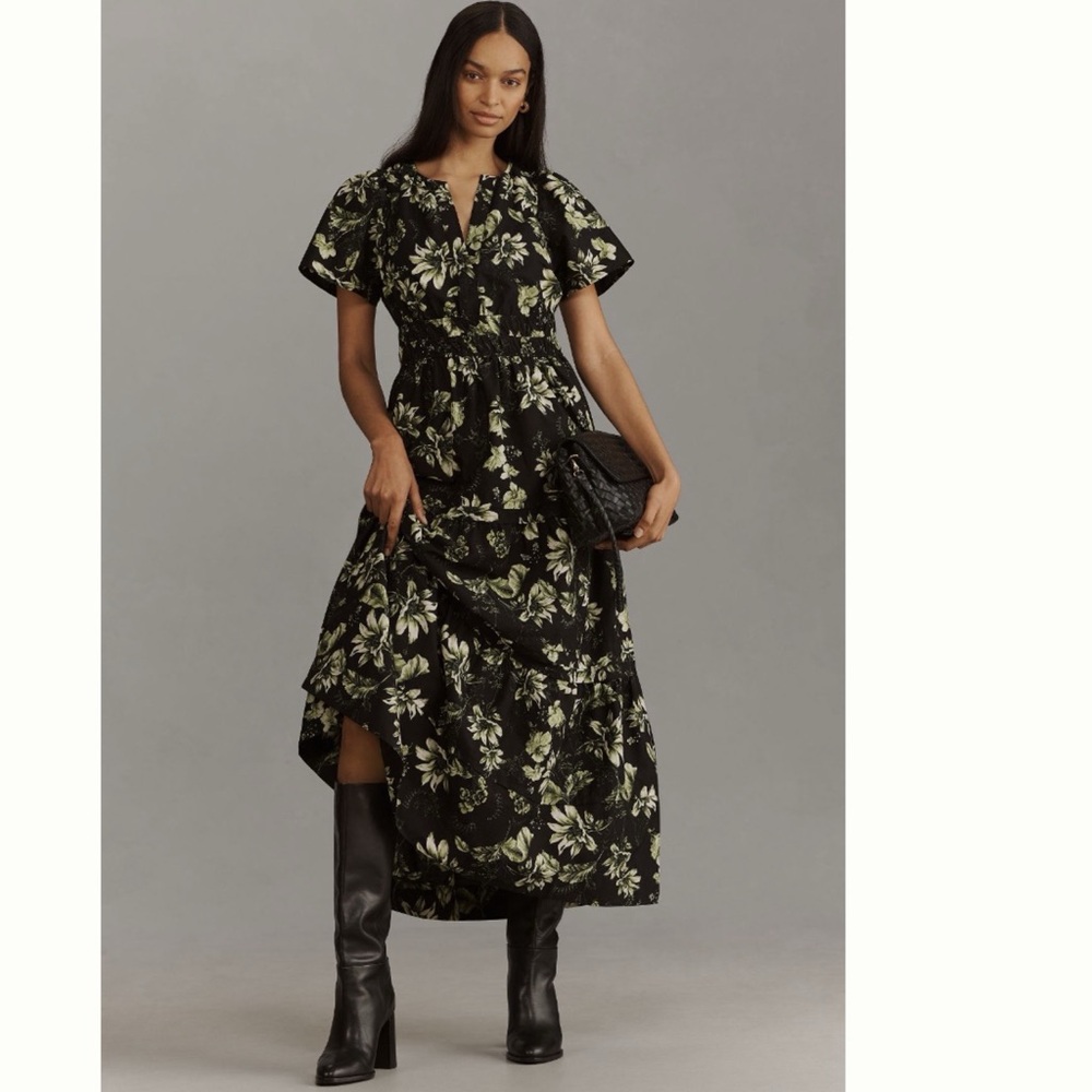 Anthropologie Black Floral Maxi Dress with Green and Cream Print